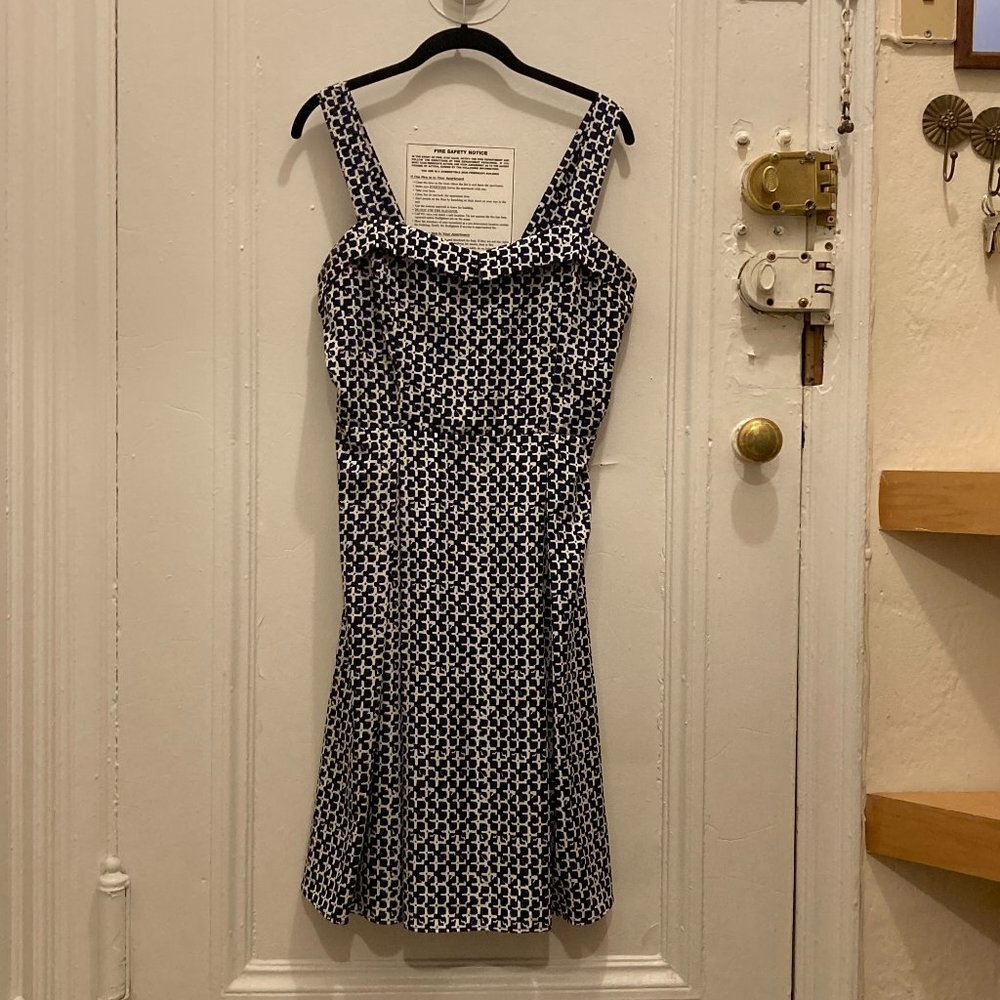 Yellow Star ModCloth Navy & White Geometric Fit & Flare Sundress Size L